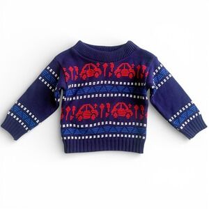 Vintage 80s 90s Little Funky Car Sweater Navy Red Blue Baby Boys 2T NO SIZE TAG